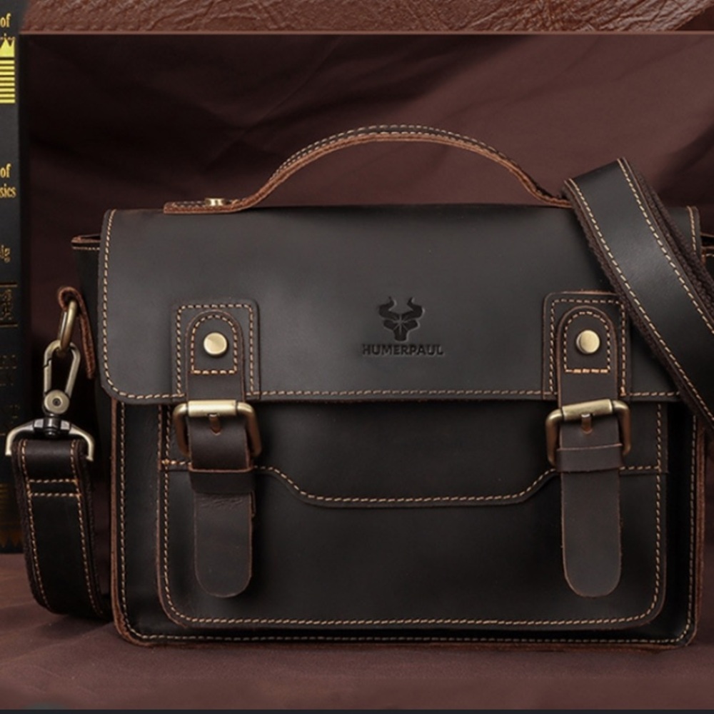 Humerpaul Leather Crossbody Messenger Bag Brown Commuter Satchel Brown NWT - Picture 2 of 14